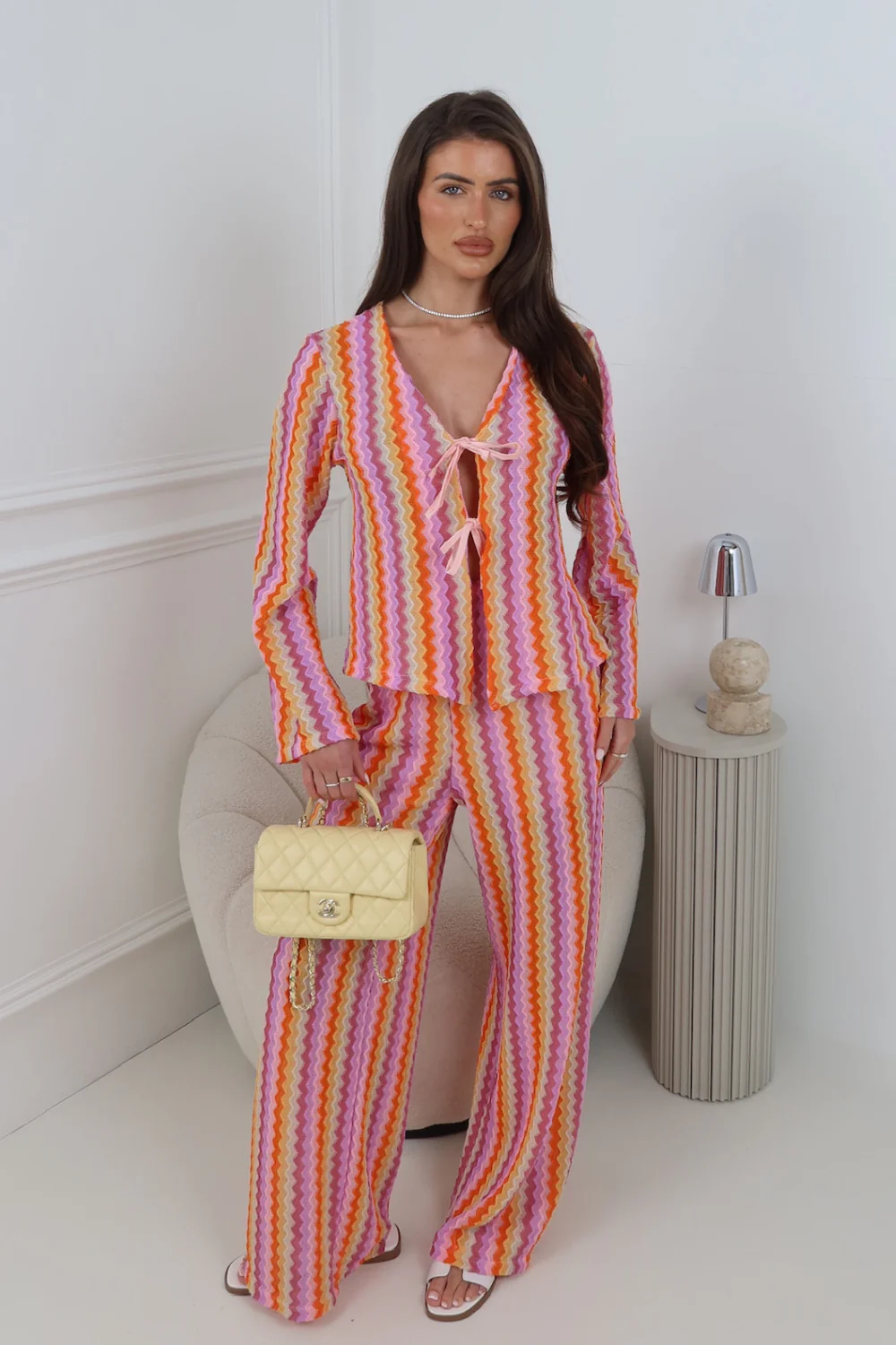 ORLANDO PINK MULTI STRIPED FRONT TIE TOP AND PANTS CO ORD TWO PIECE SET