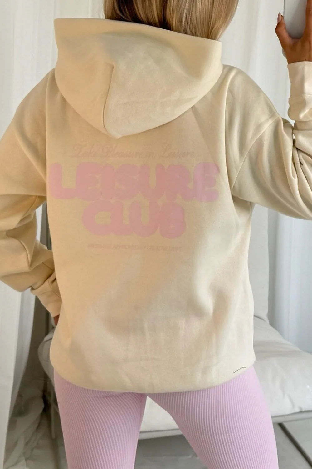 Leisure club ecru printed hoodie baby pink legging - Image 2