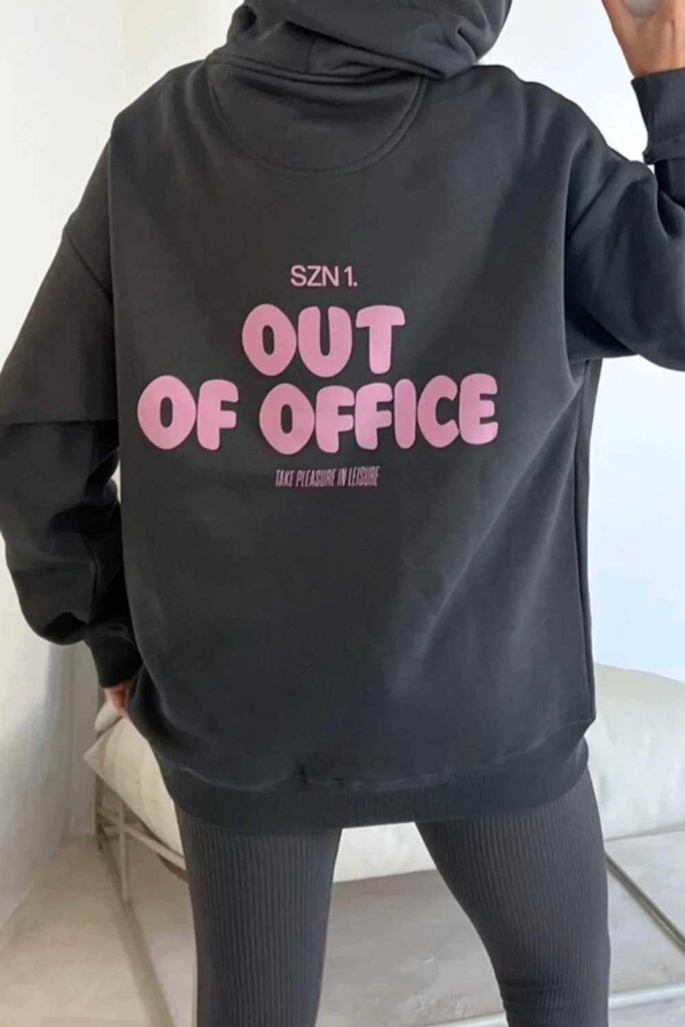 Out of office steel grey printed premium relaxed hoodie