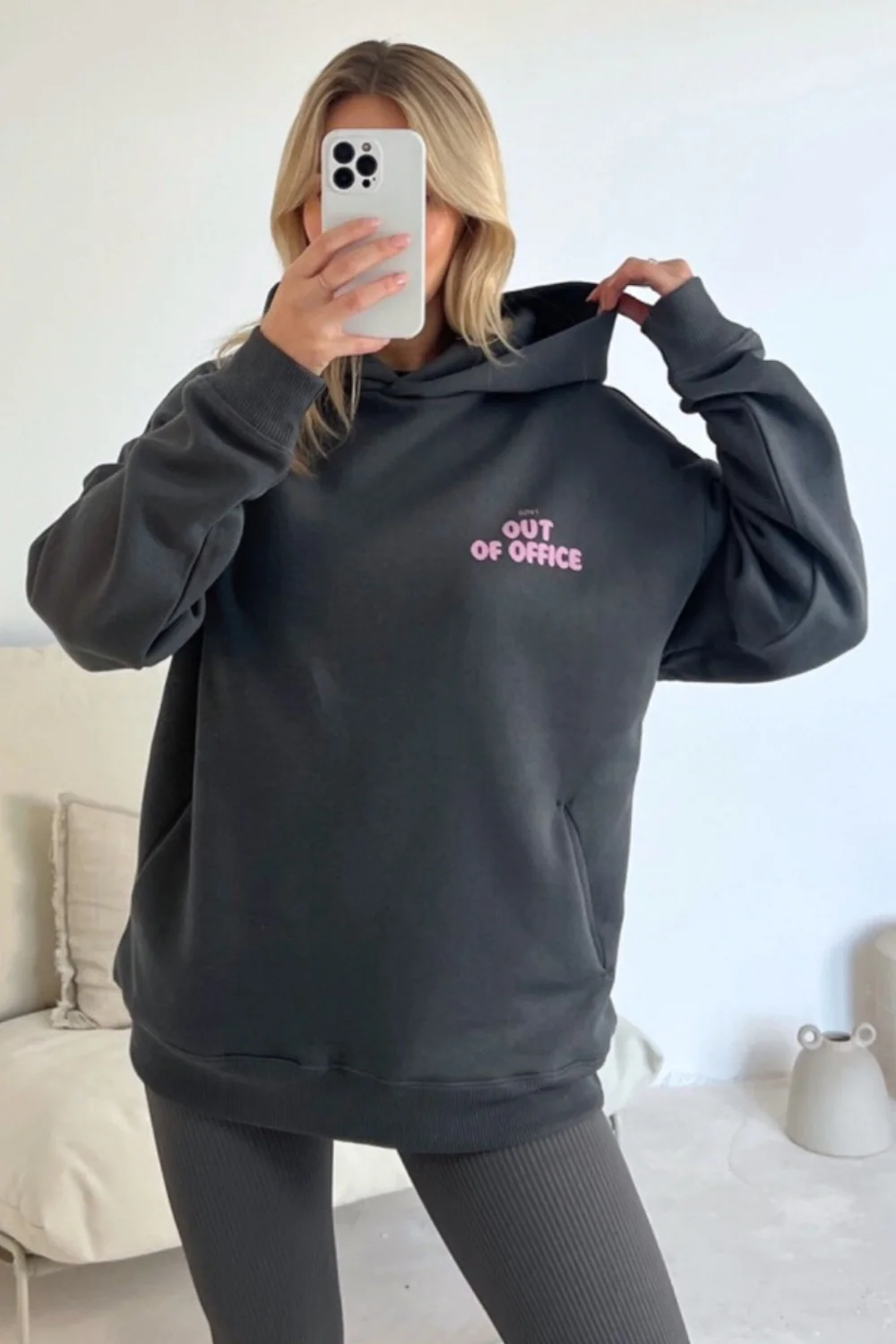 Out of office steel grey printed premium relaxed hoodie - Image 2