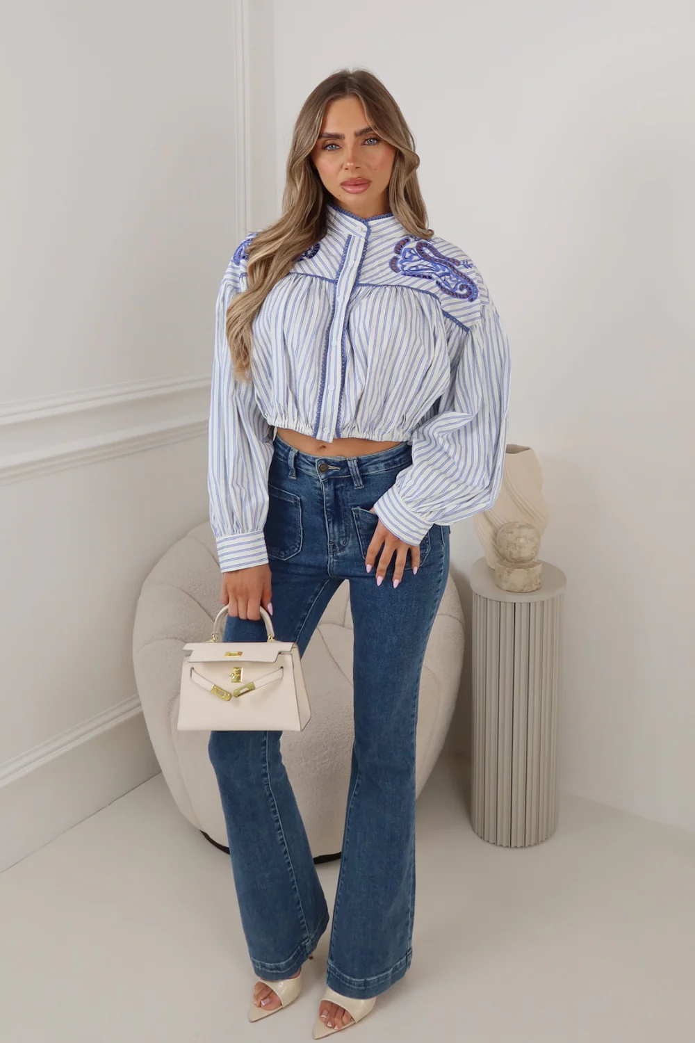 PAIGE BLUE STRIPED PAISLEY DETAILED BUTTON UP TOP - Image 2