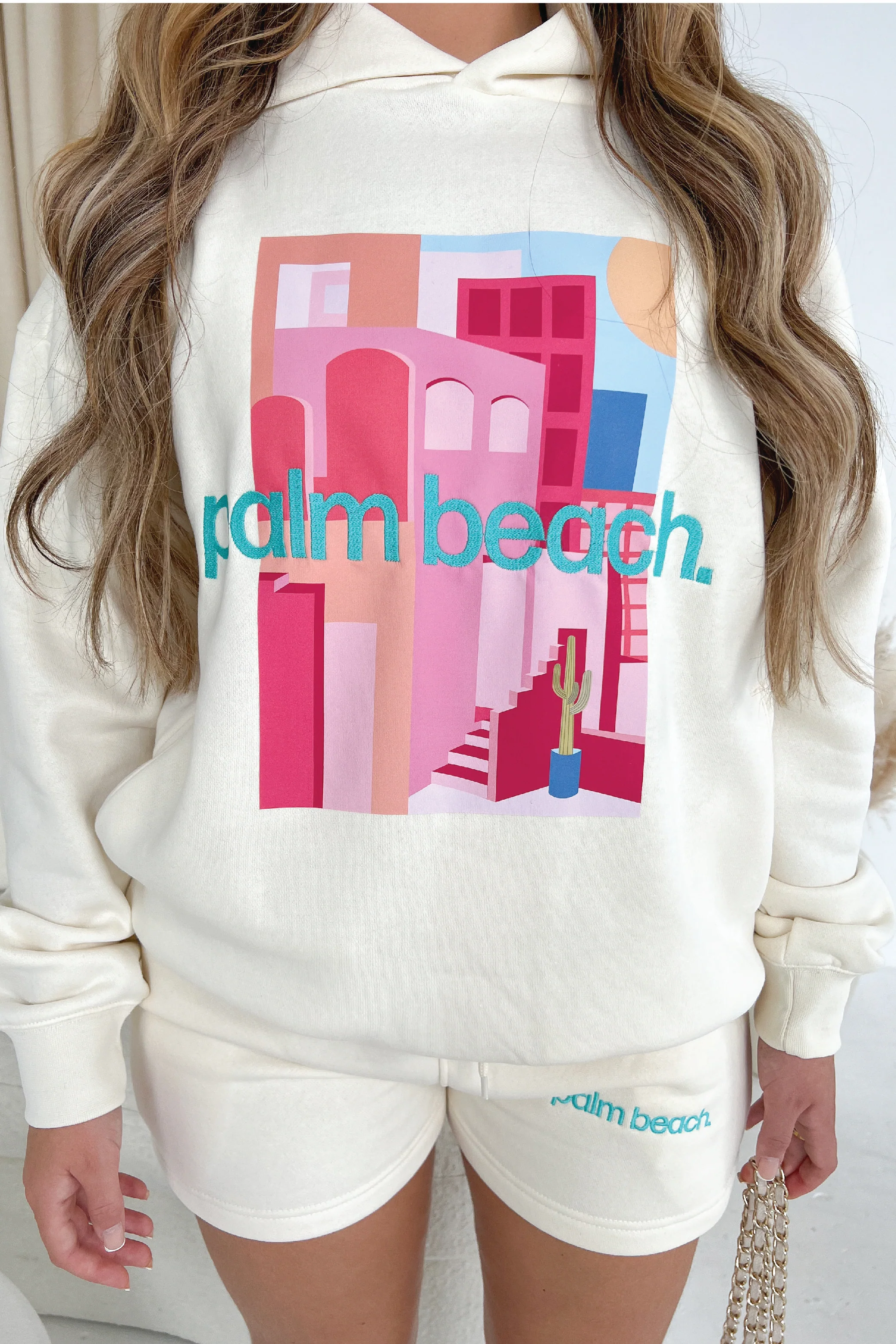 Palm Beach Ecru PREMIUM Embroidered Hooded loungewear set - Image 2
