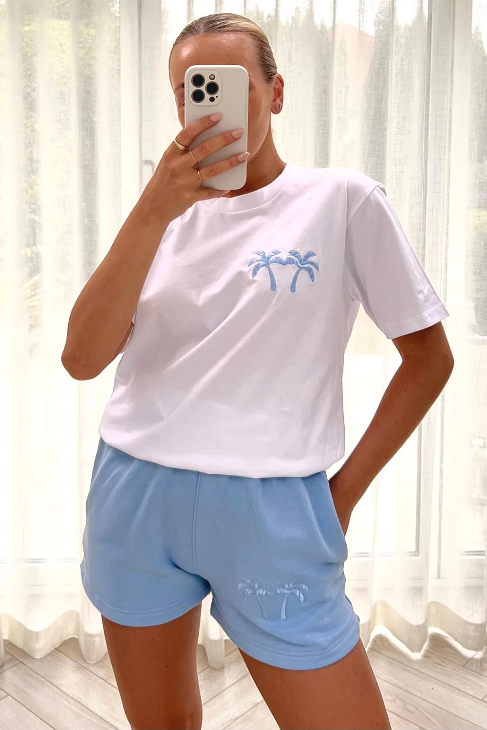 palm tree light blue embroidered short tee co-ord