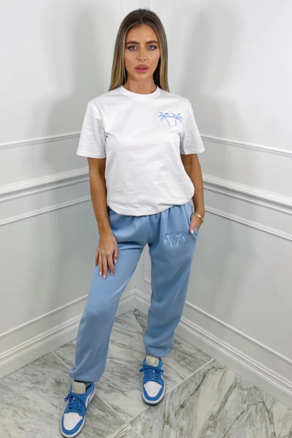 Palm Trees baby blue embroidered jogger co ord - Image 3