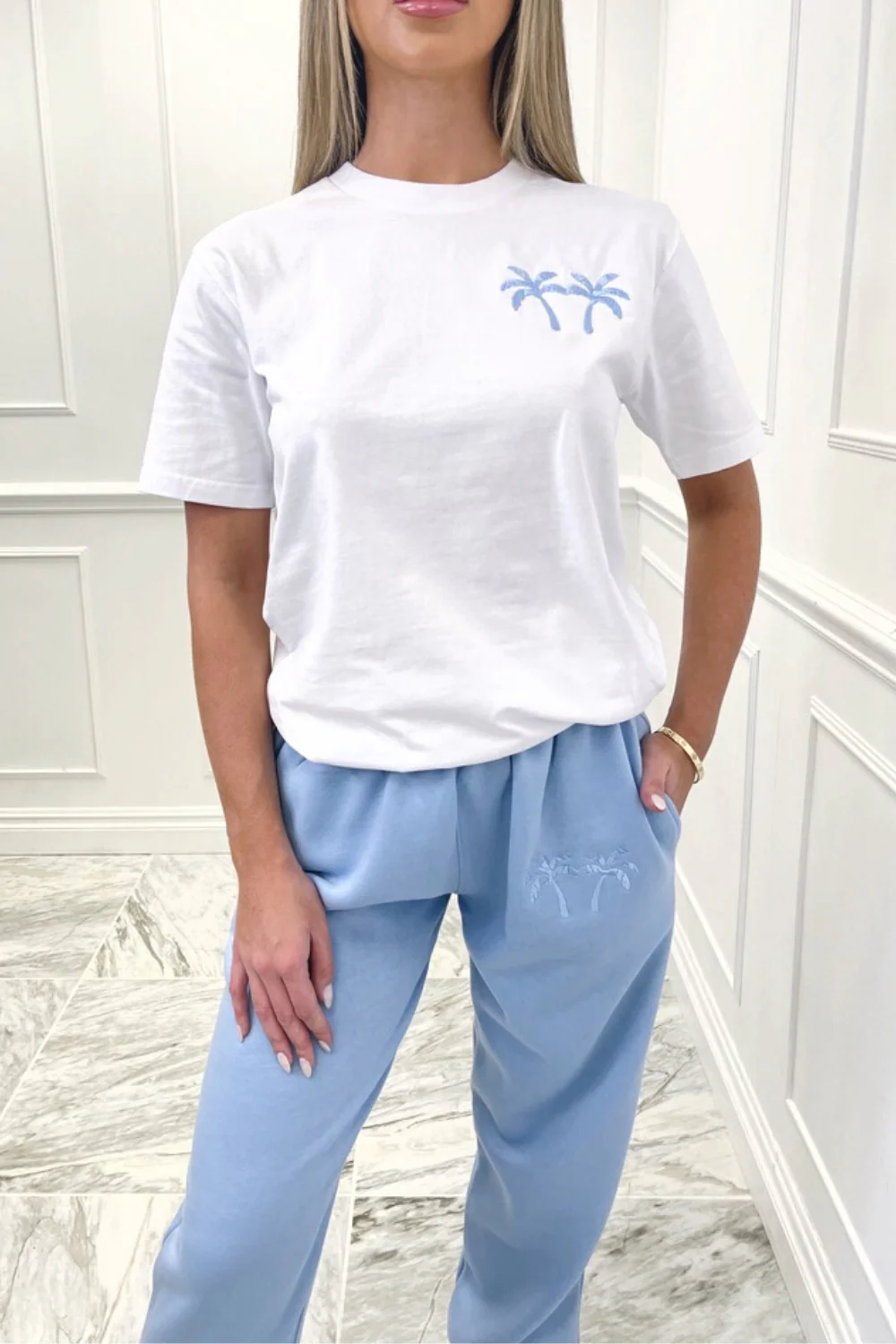 Palm Trees baby blue embroidered jogger co ord - Image 4