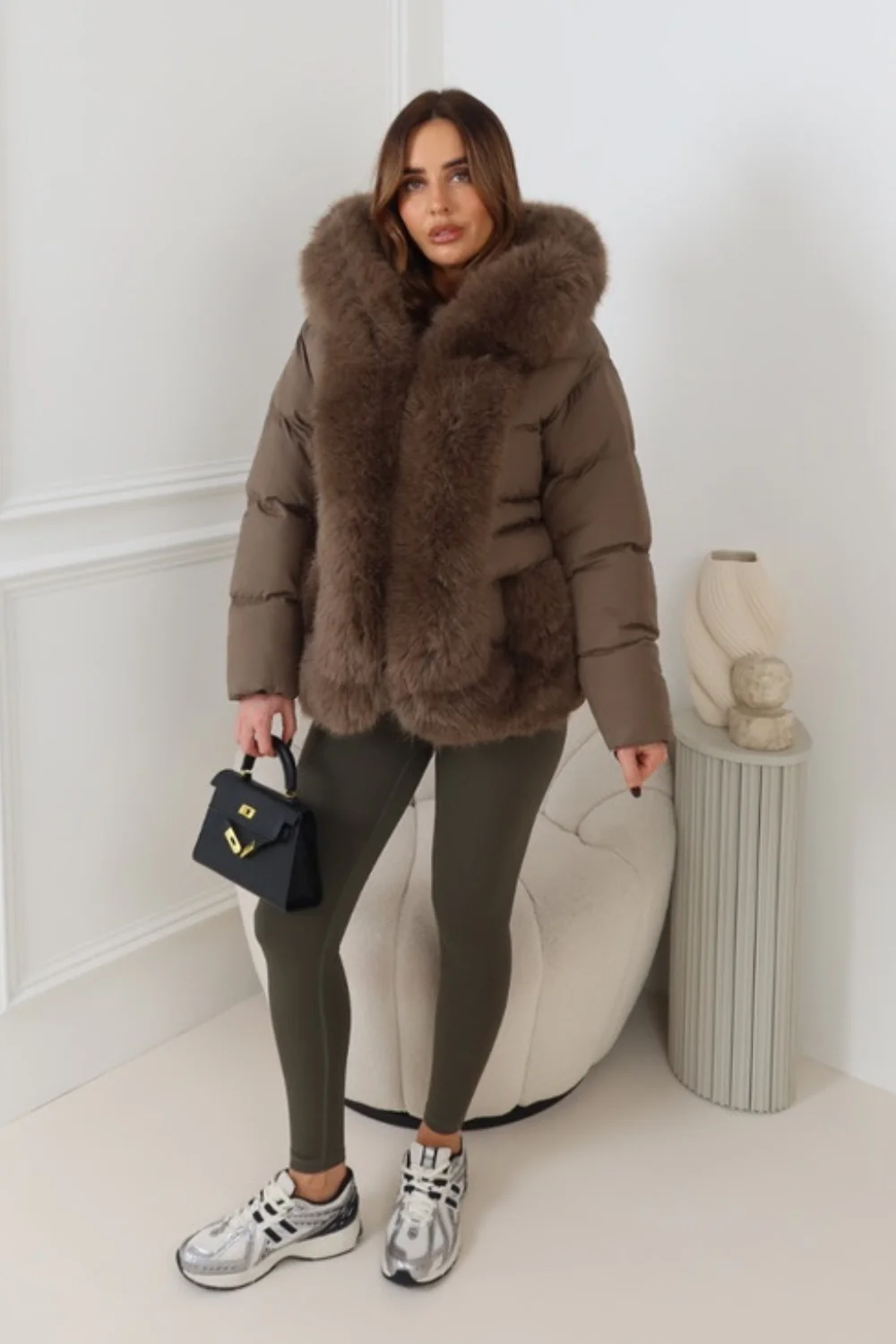 PALMA TAUPE FAUX FUR HOOD & ZIP SHORT COAT - Image 2