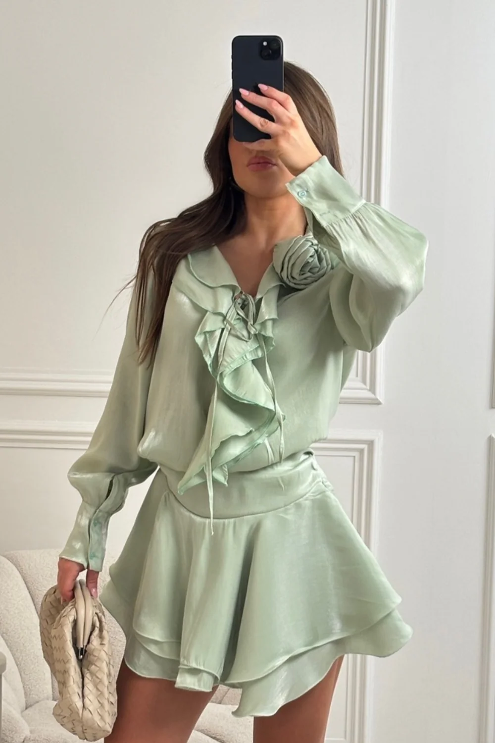Paloma pistachio ruffle trim shirt & skirt co ord - Image 2