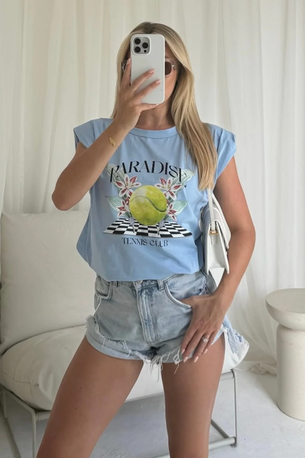 Paradise tennis printed baby blue shoulder pad t-shirt - Image 3