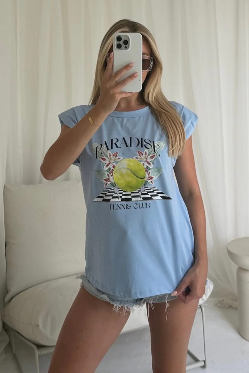 Paradise tennis printed baby blue shoulder pad t-shirt - Image 4