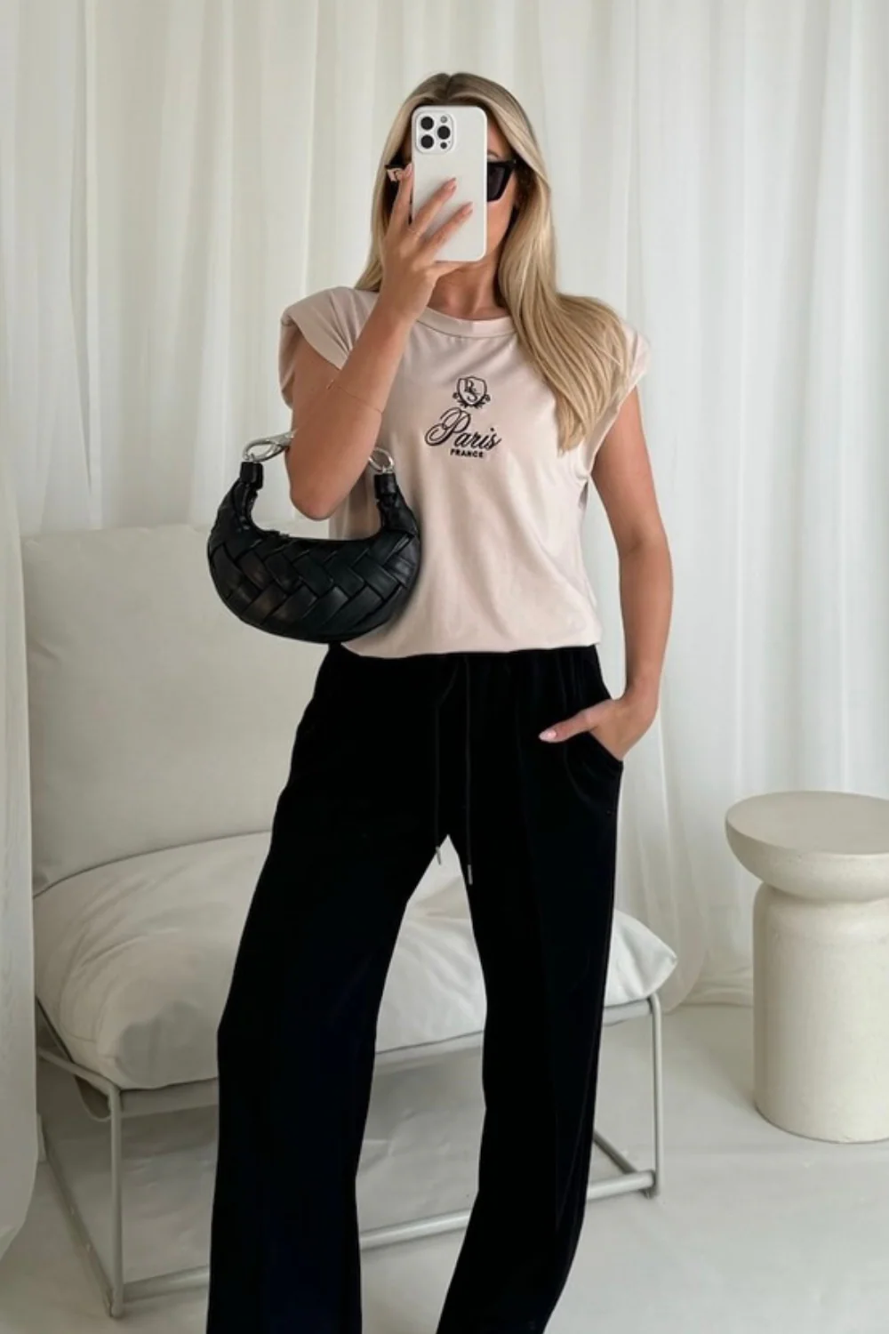 Paris beige embroidered shoulder pad t-shirt - Image 2