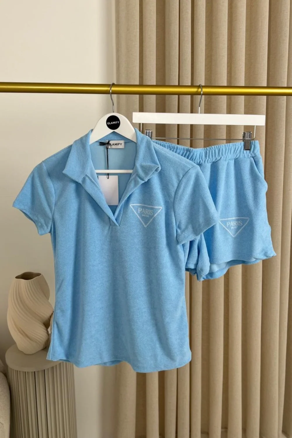 Paris blue embroidered towelling polo shorts co-ord - Image 3