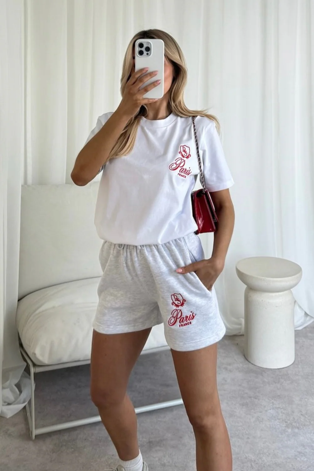 Paris crest marl grey embroidered premium t-shirt and shorts - Image 2