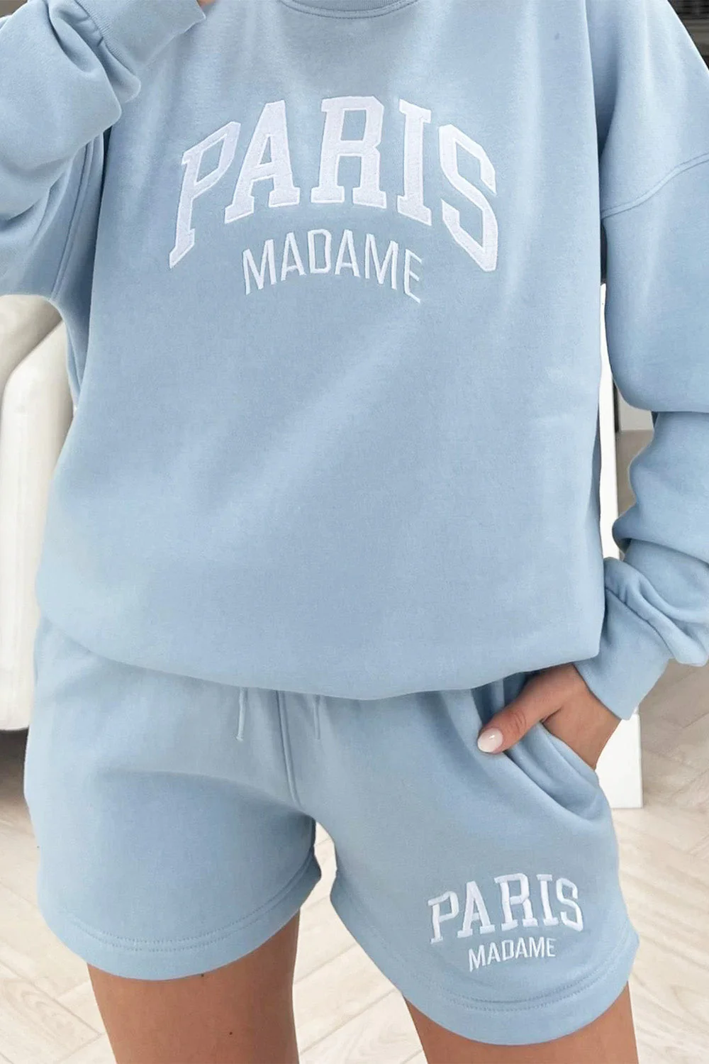 paris madame baby blue embroidered sweater short set - Image 3