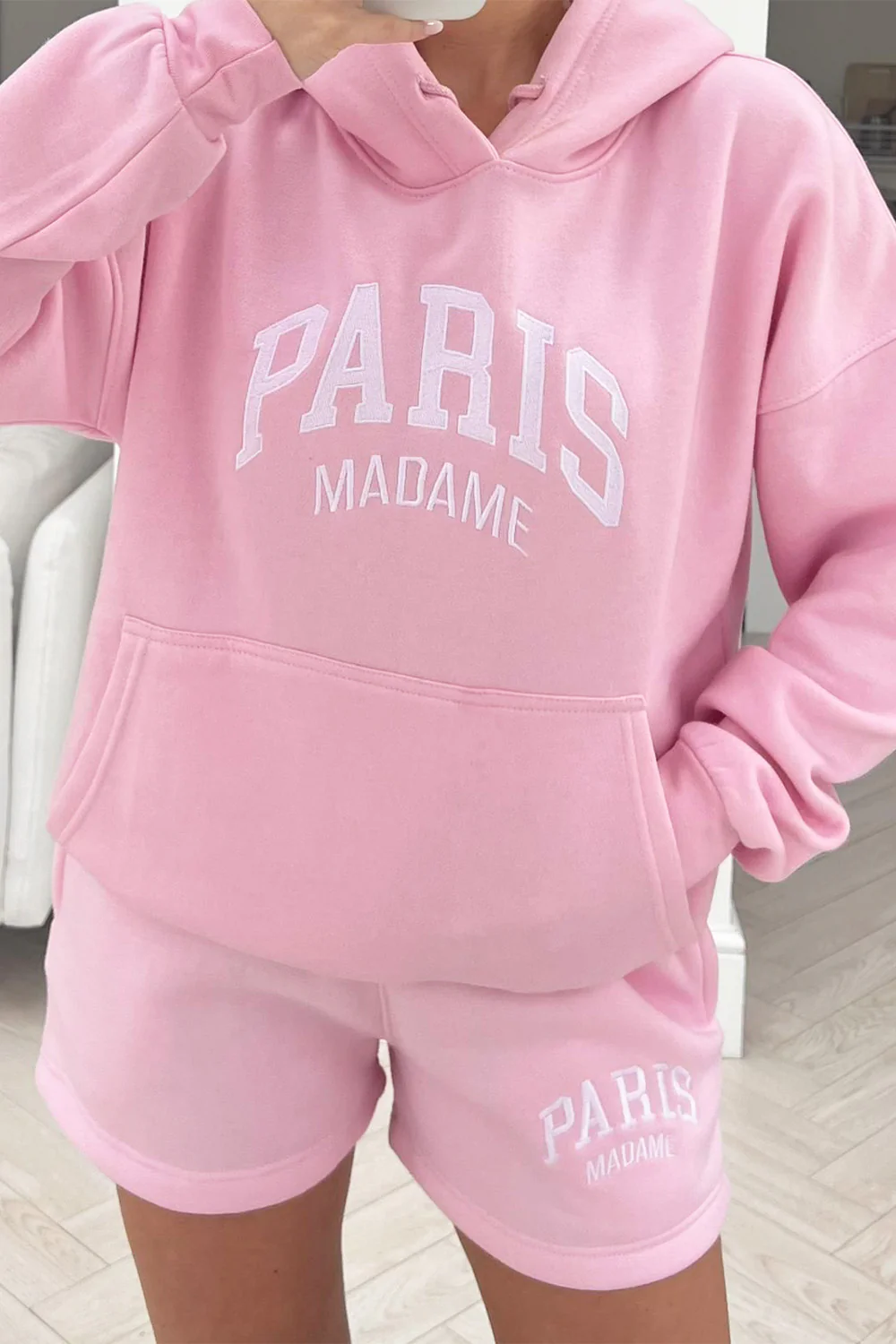 paris madame baby pink embroidered hoodie short set - Image 2