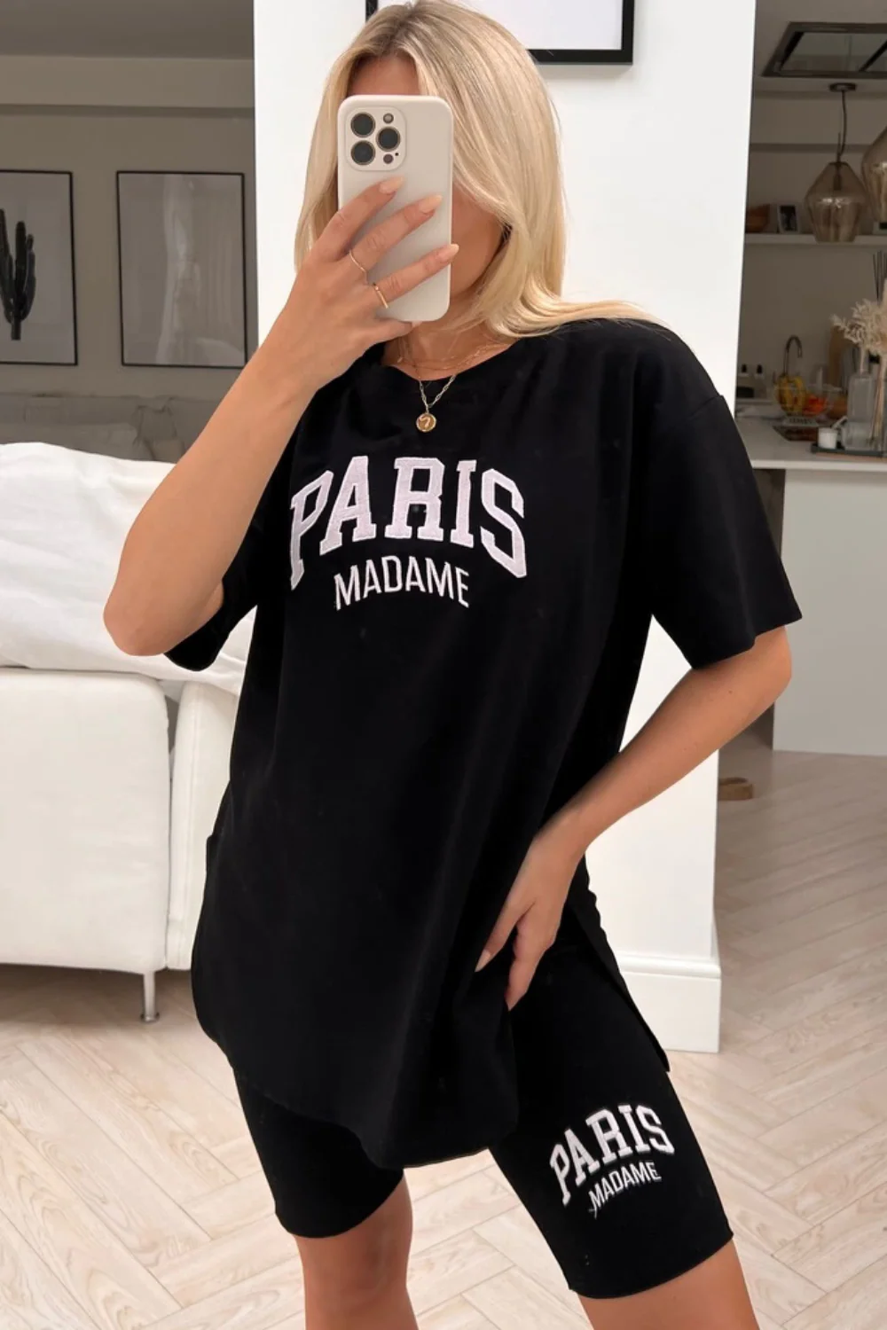 Paris madame black & white embroidered cycling short coord