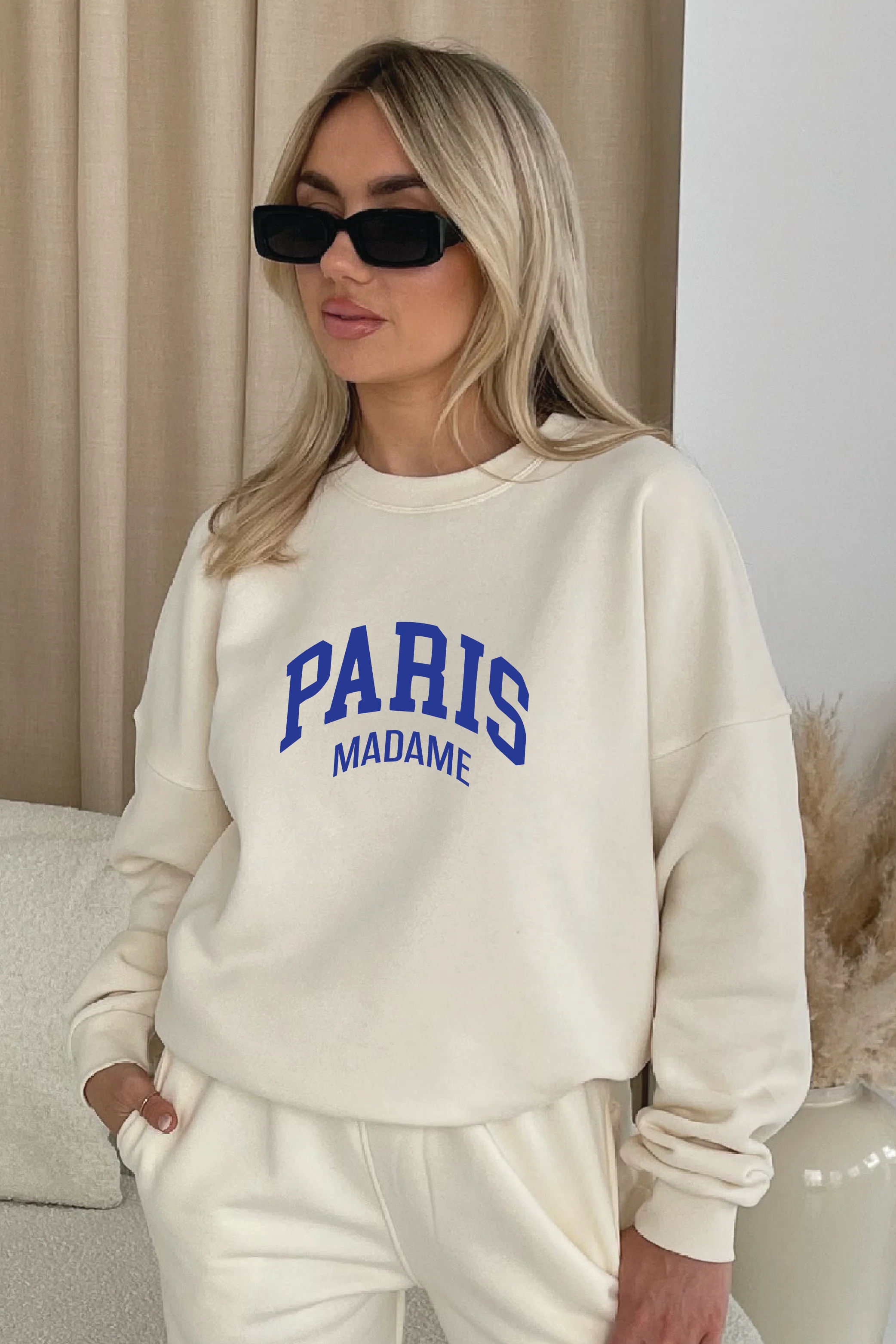 Paris madame blue printed ecru sweater