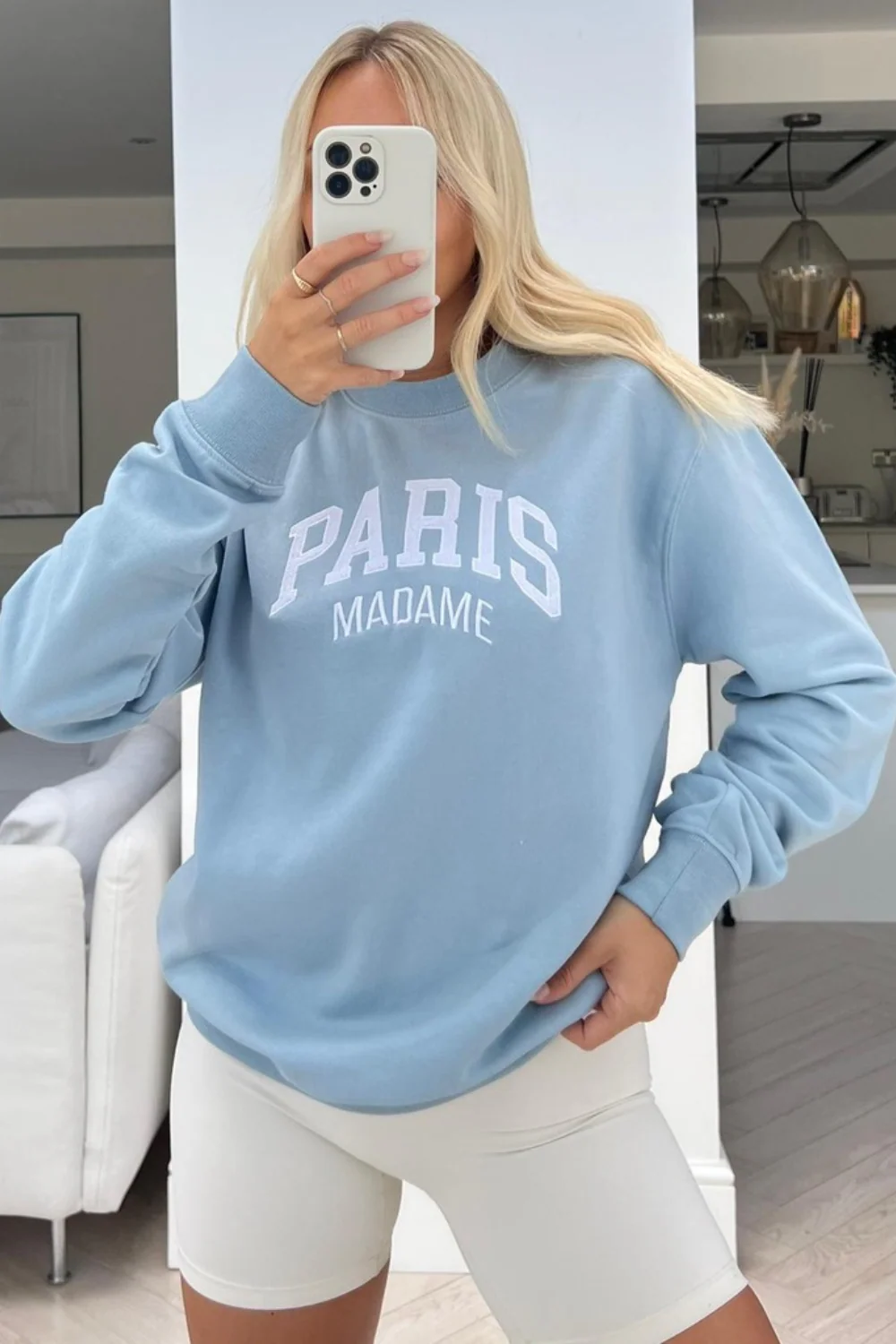Paris madame blue round neck embroidered sweater
