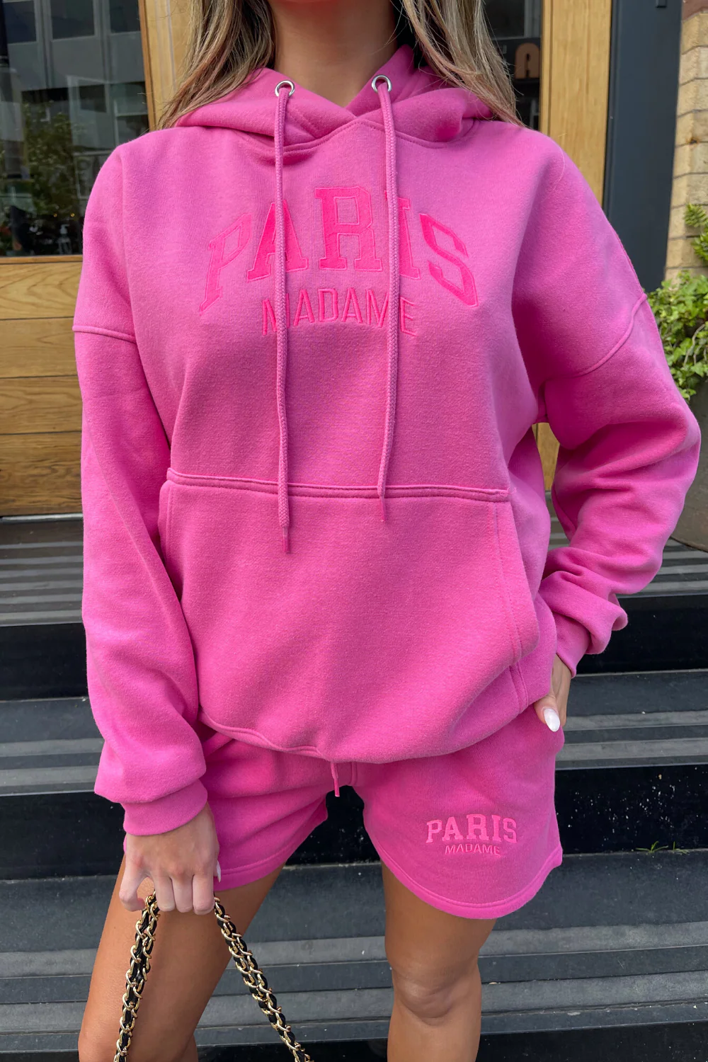paris madame hot pink embroidered hoodie short loungewear set - Image 3
