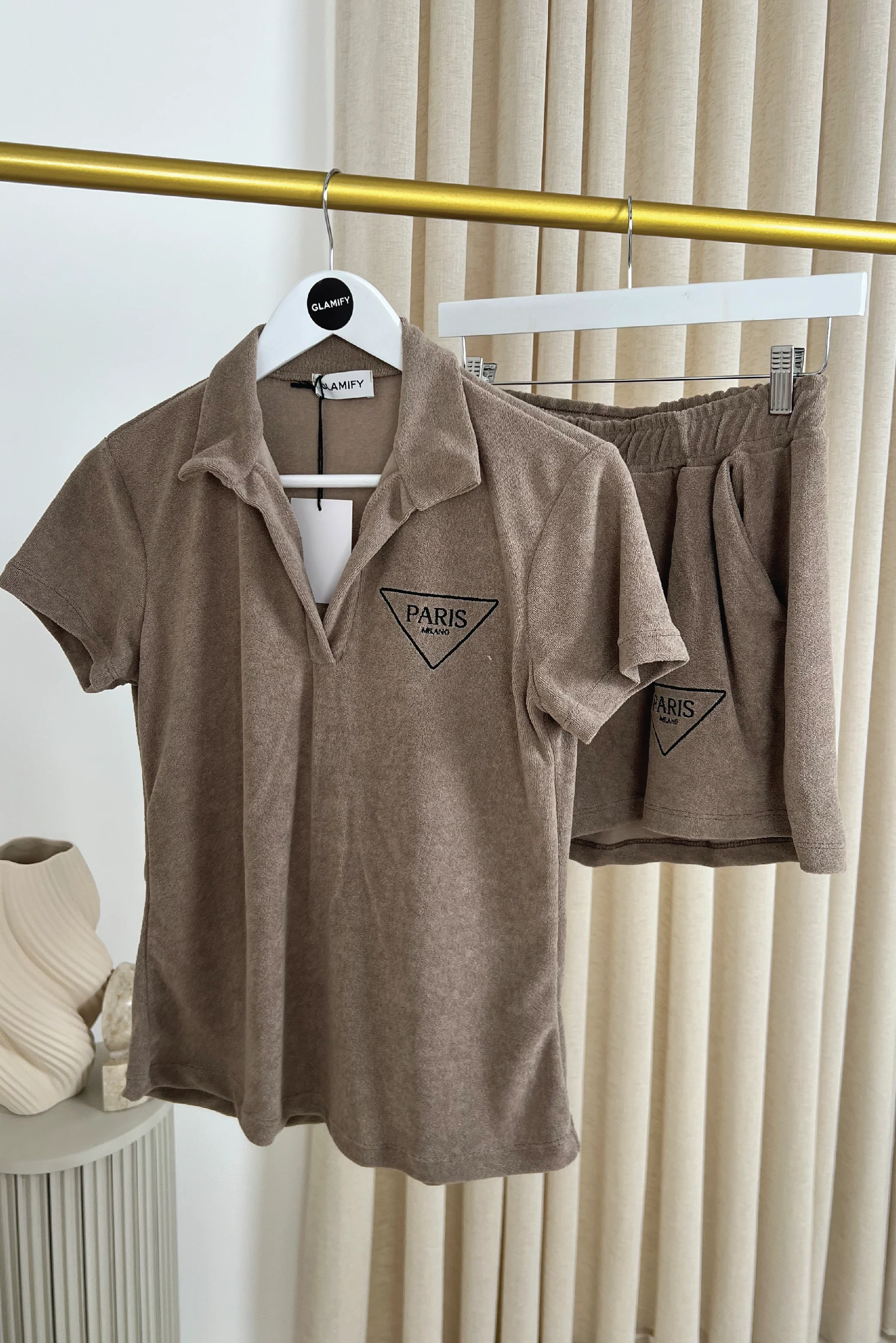 Paris mocha embroidered towelling polo shorts co-ord - Image 2