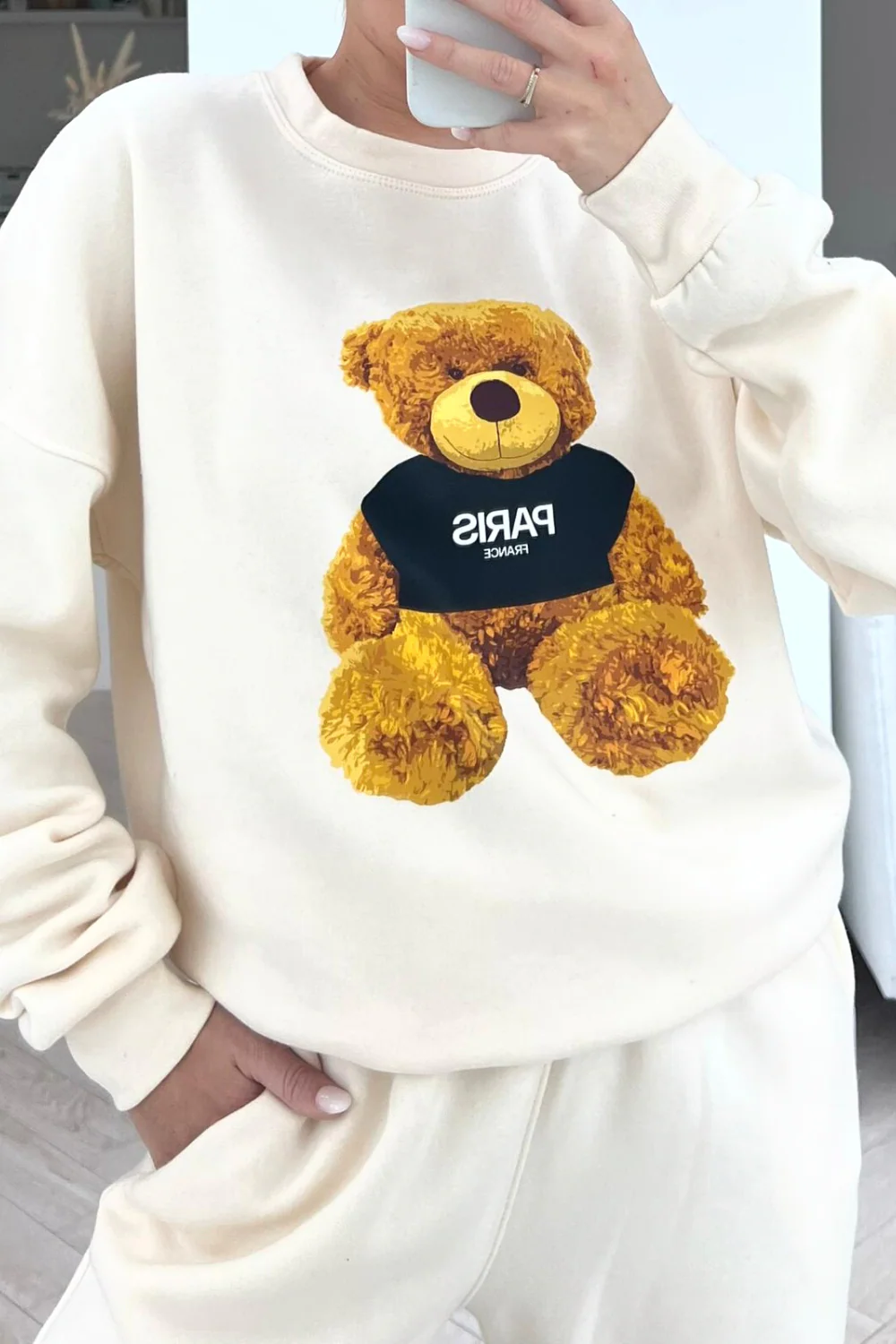 Paris teddy tee ecru sweater loungewear set - Image 3