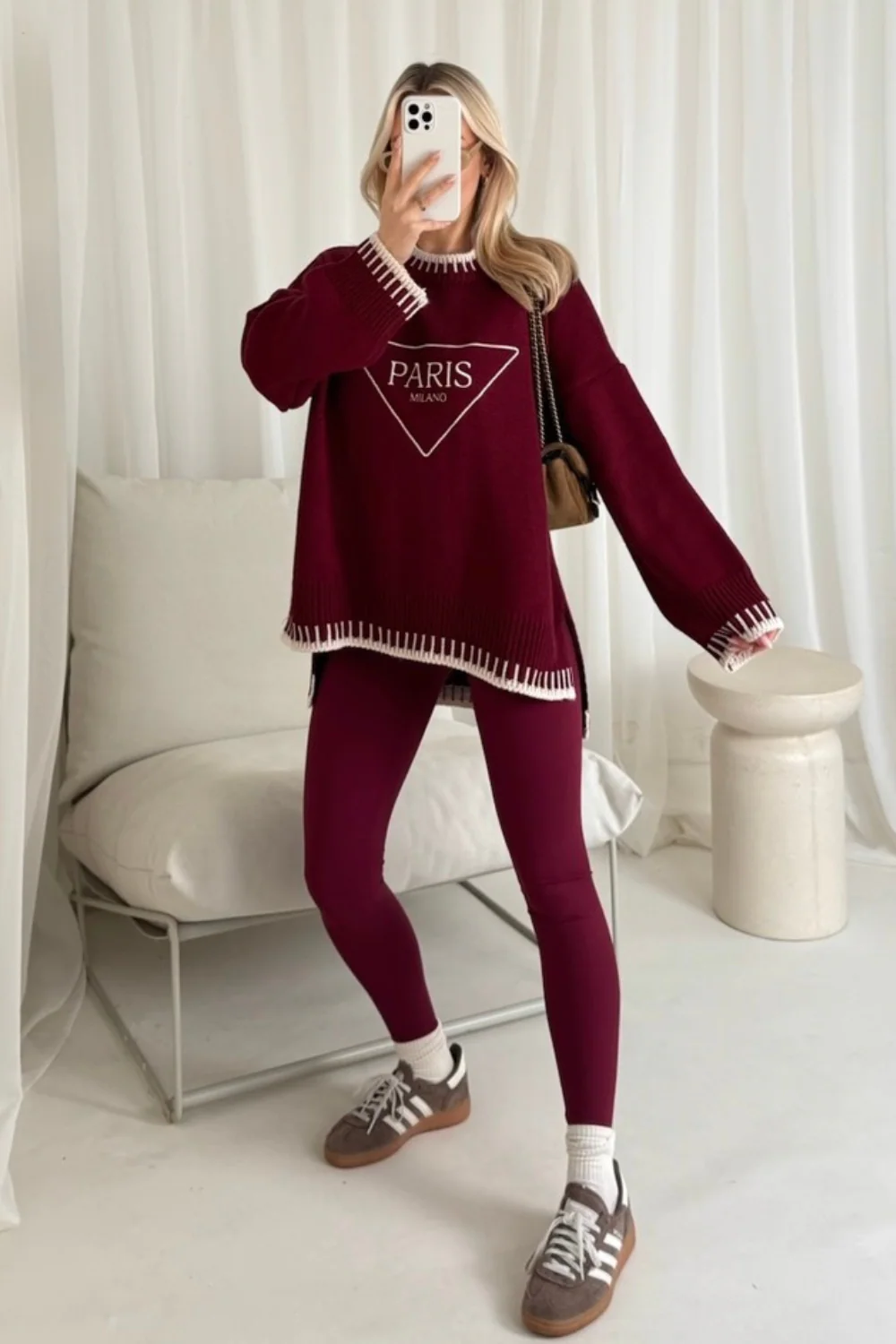 Paris triangle embroidered burgundy knit jumper - Image 2