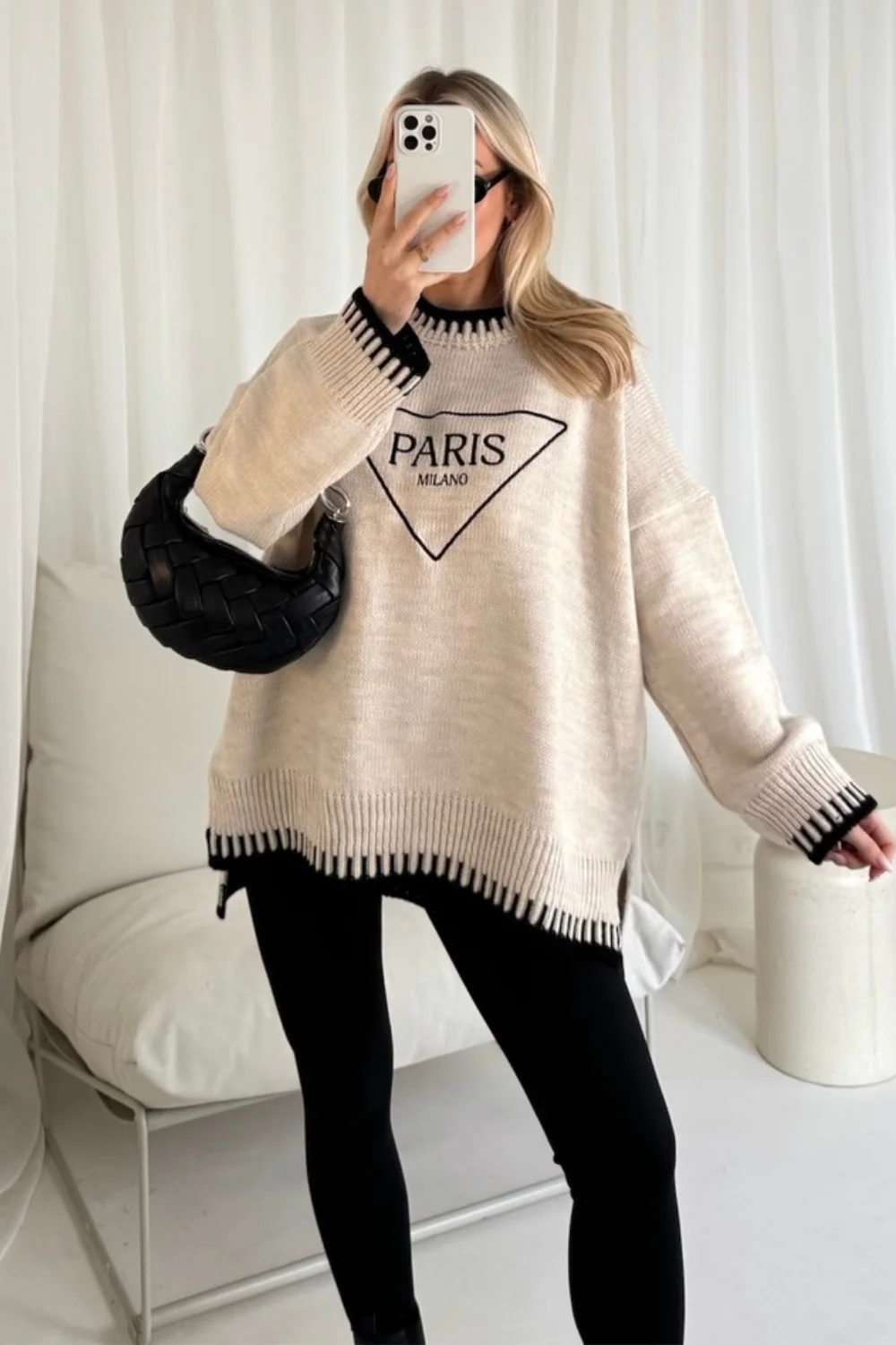 Paris triangle embroidered cream knit jumper - Image 2