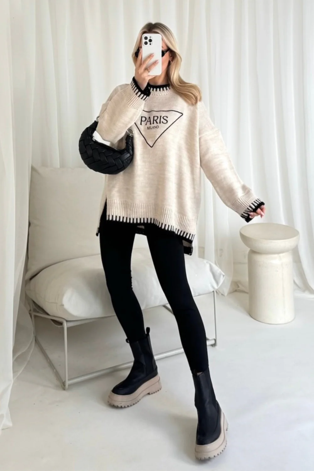 Paris triangle embroidered cream knit jumper - Image 3