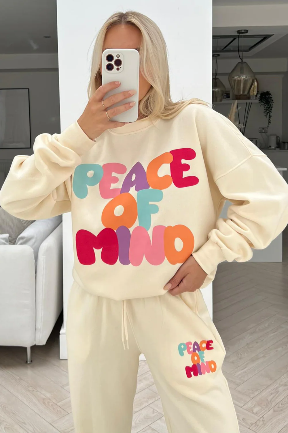 peace of mind ecru printed sweater jogger loungewear set - Image 2