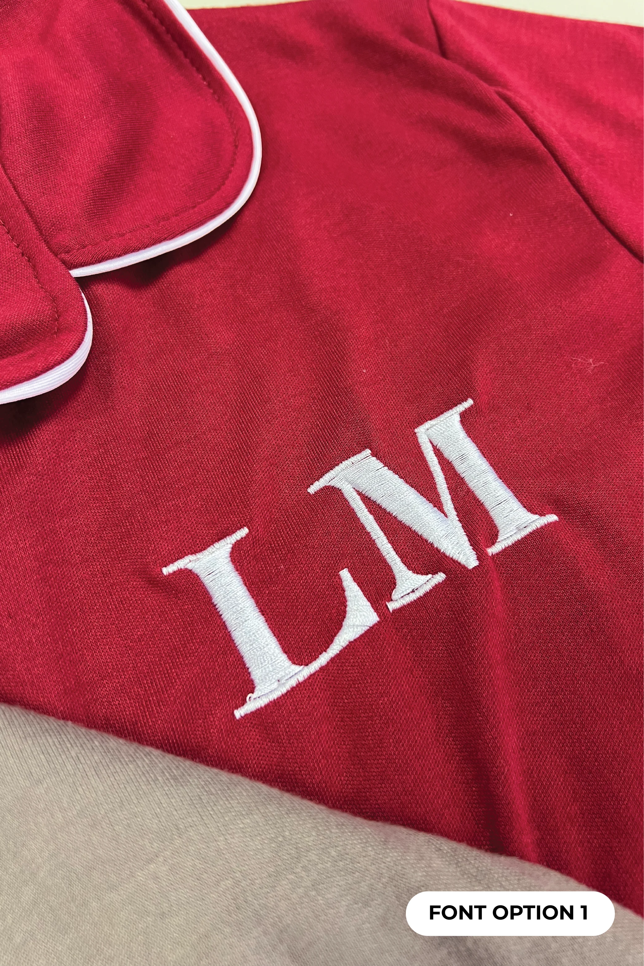 PERSONALISED EMBROIDERED PREMIUM JERSEY BURGUNDY CLASSIC PIPING PYJAMA SET - Image 2