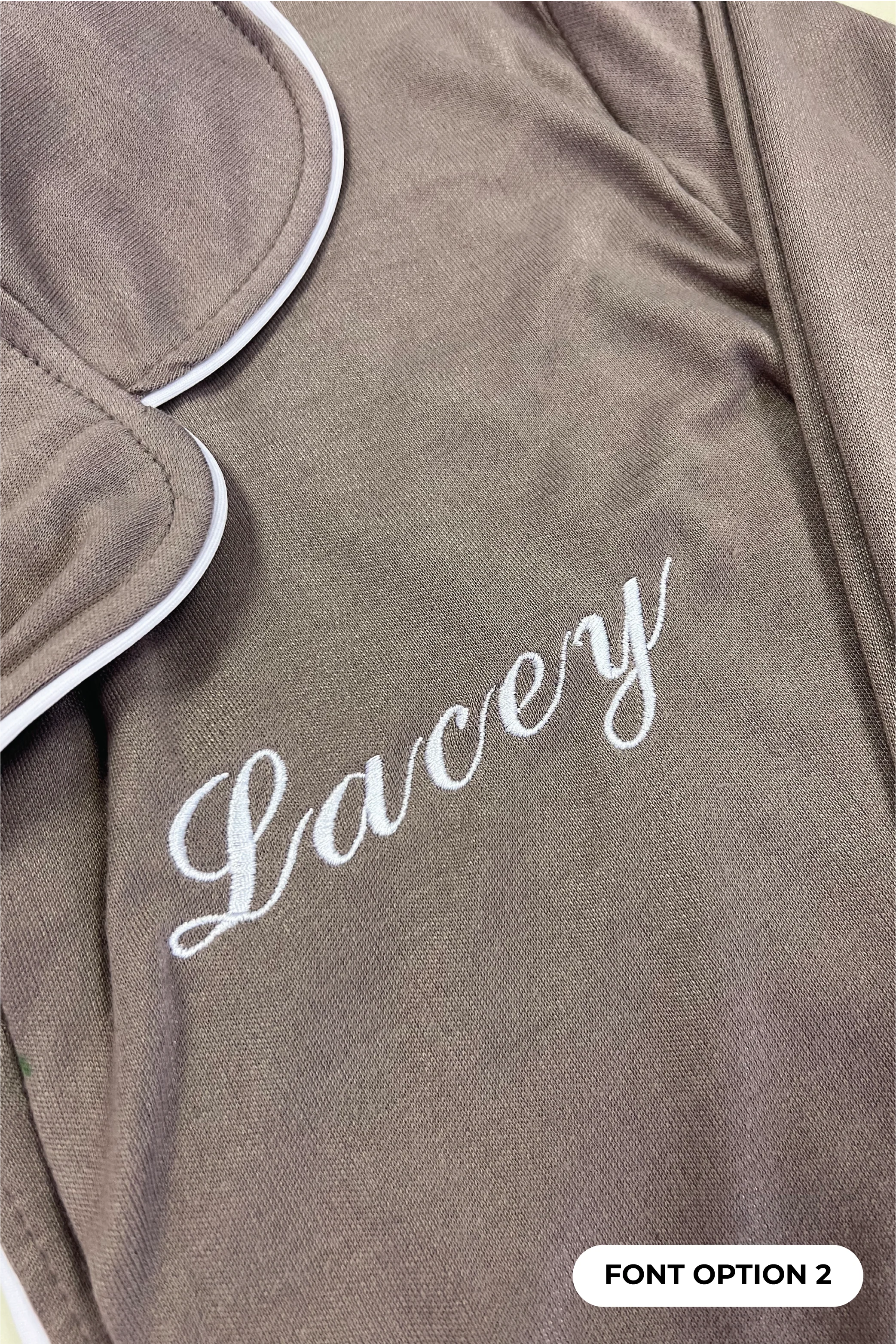 PERSONALISED EMBROIDERED PREMIUM JERSEY TAUPE  CLASSIC PIPING PYJAMA SET - Image 3