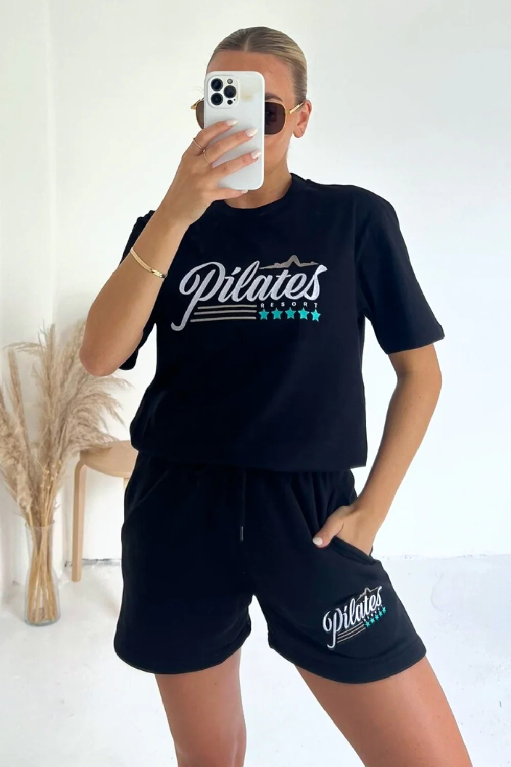 Pilates Black embroidered premium short t-shirt coord