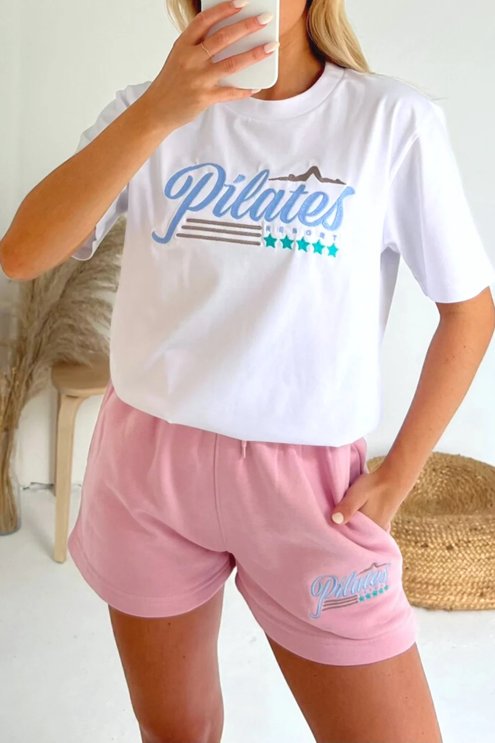 Pilates white and baby pink embroidered premium short t-shirt coord - Image 2