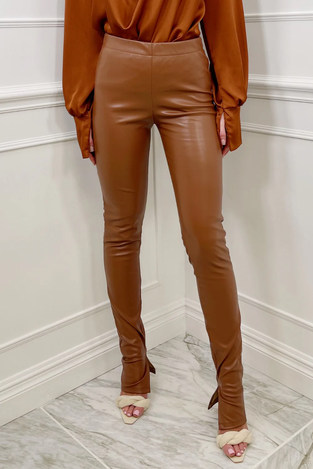 Polly Rust High Waisted Split Hem Pu Trousers - Image 5