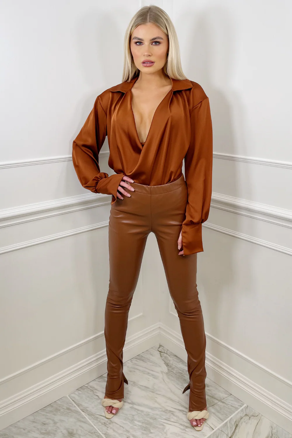 Polly Rust High Waisted Split Hem Pu Trousers - Image 6
