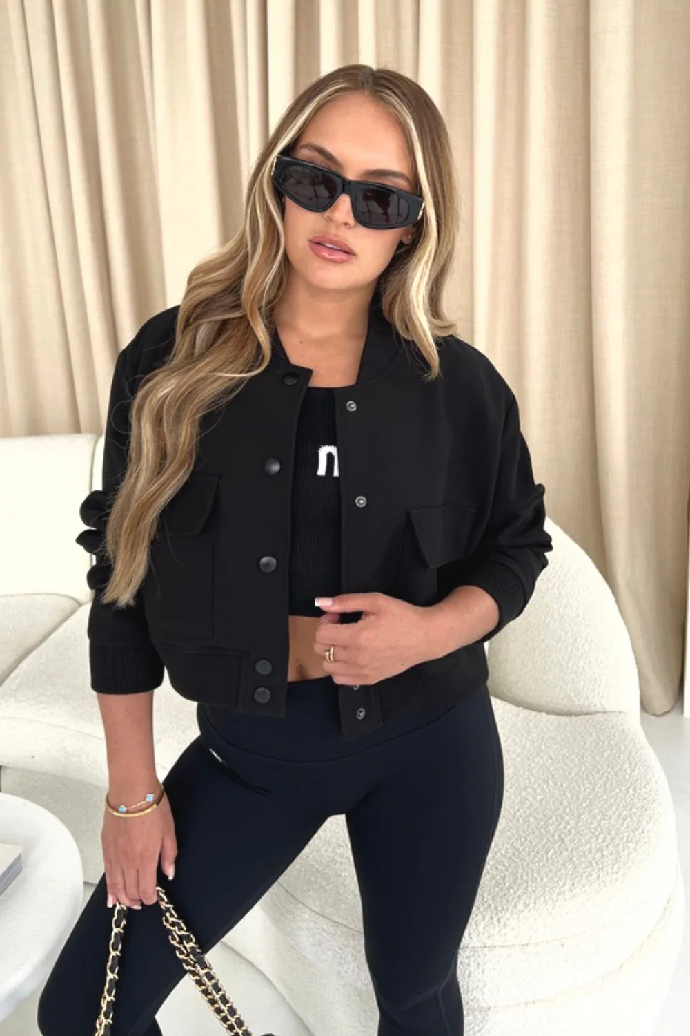 Fallon black cropped long sleeve bomber jacket - Image 2