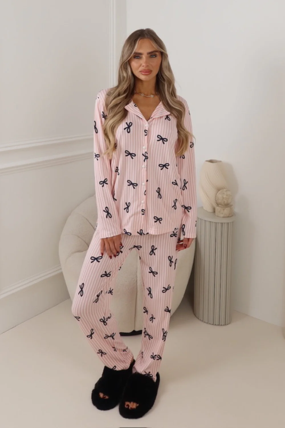 PREMIUM JERSEY PINK STRIPED BLACK BOW PYJAMA SET - Image 2