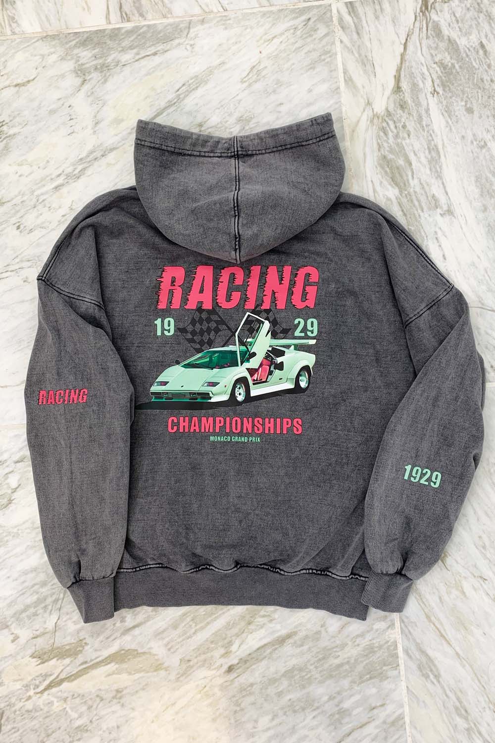 Racing 1929  black acid wash oversized hoodie - Image 3