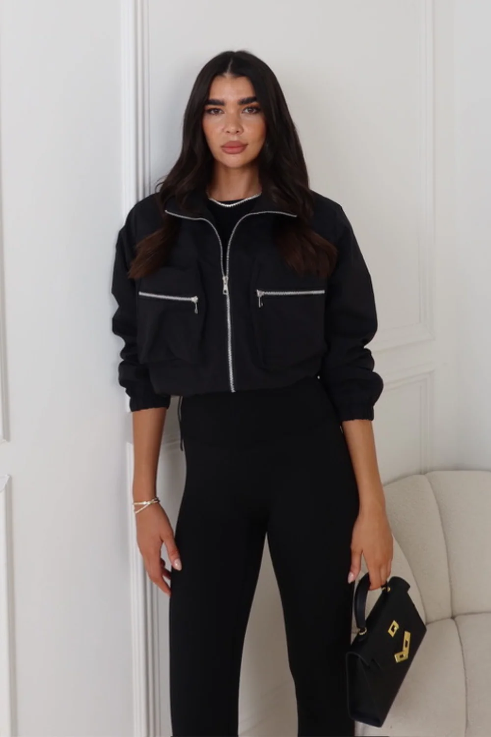 RADAH BLACK CROPPED HIGH NECK JACKET