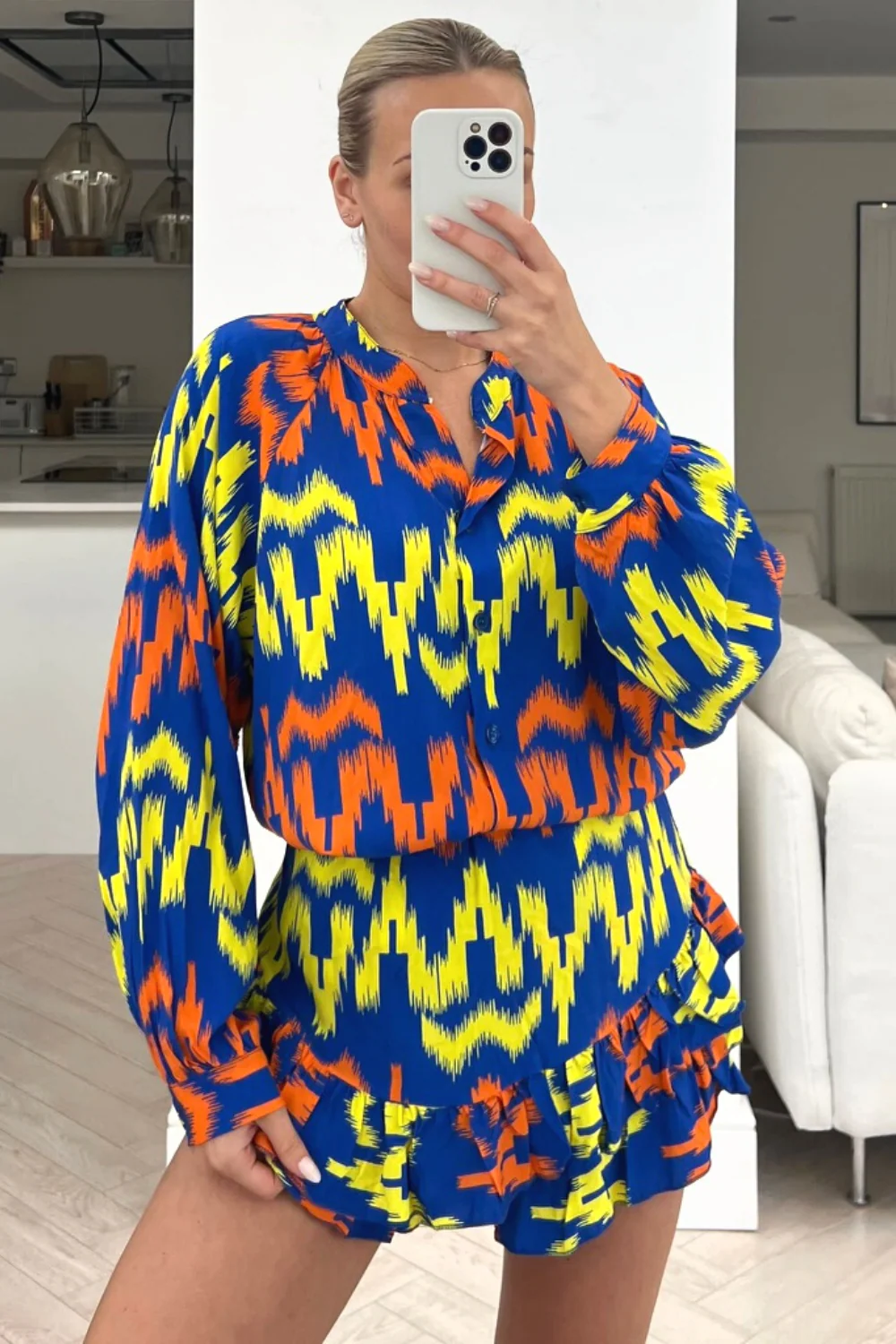 Ramona blue & orange aztec printed shirt short coord - Image 2