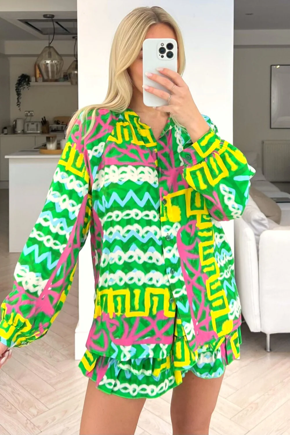 Ramona green aztec printed shirt short coord - Image 2
