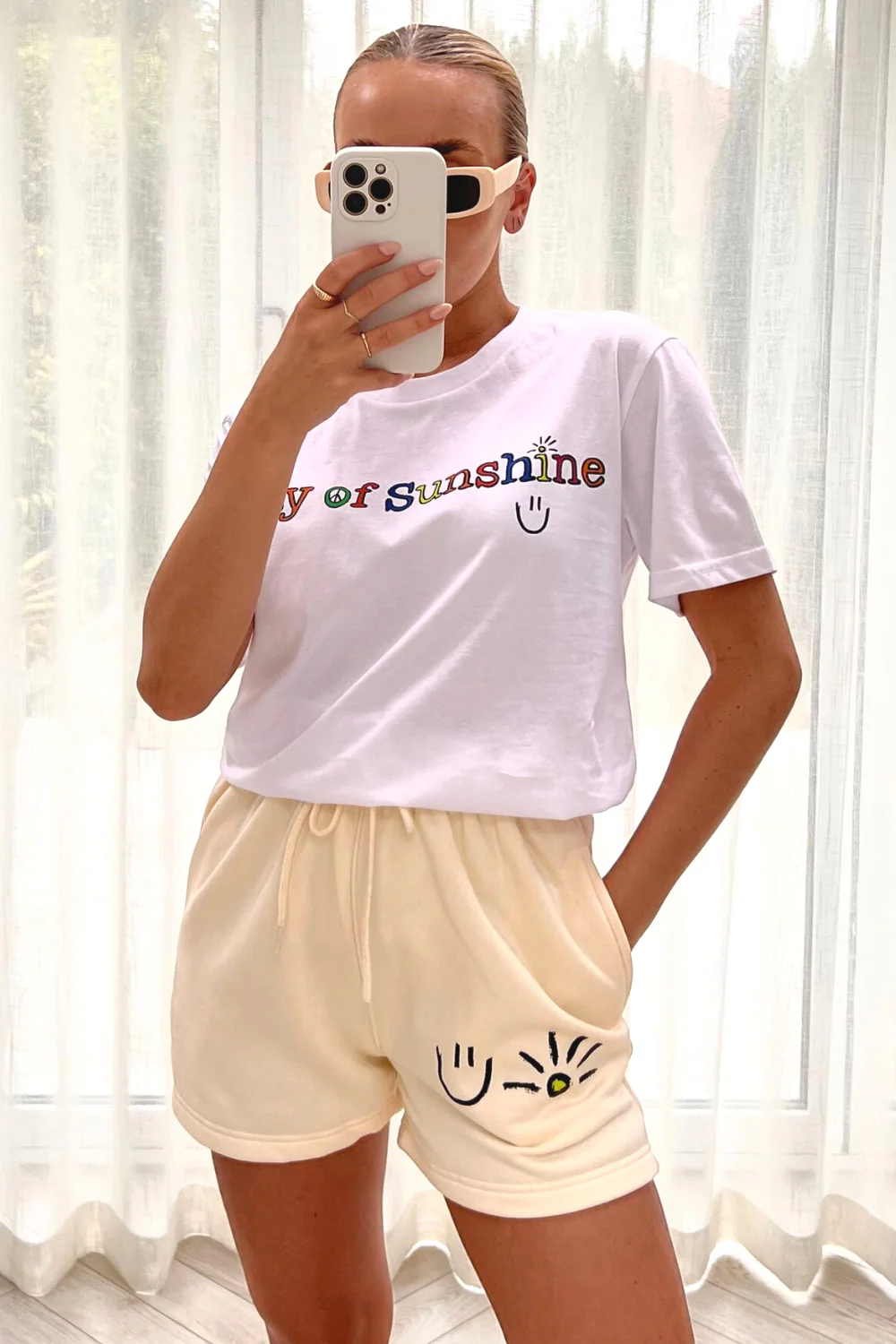 ray of sunshine ecru & white  printed short tee co-ord