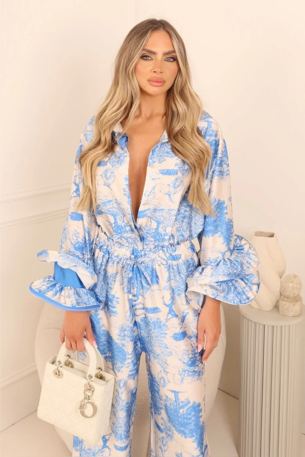 Raya blue jungle satin shirt with frill cuffs - Image 3