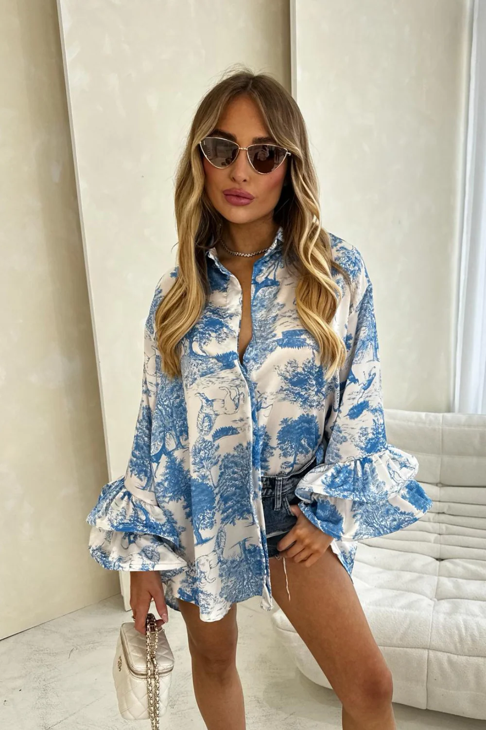 Raya blue jungle satin shirt with frill cuffs - Image 4