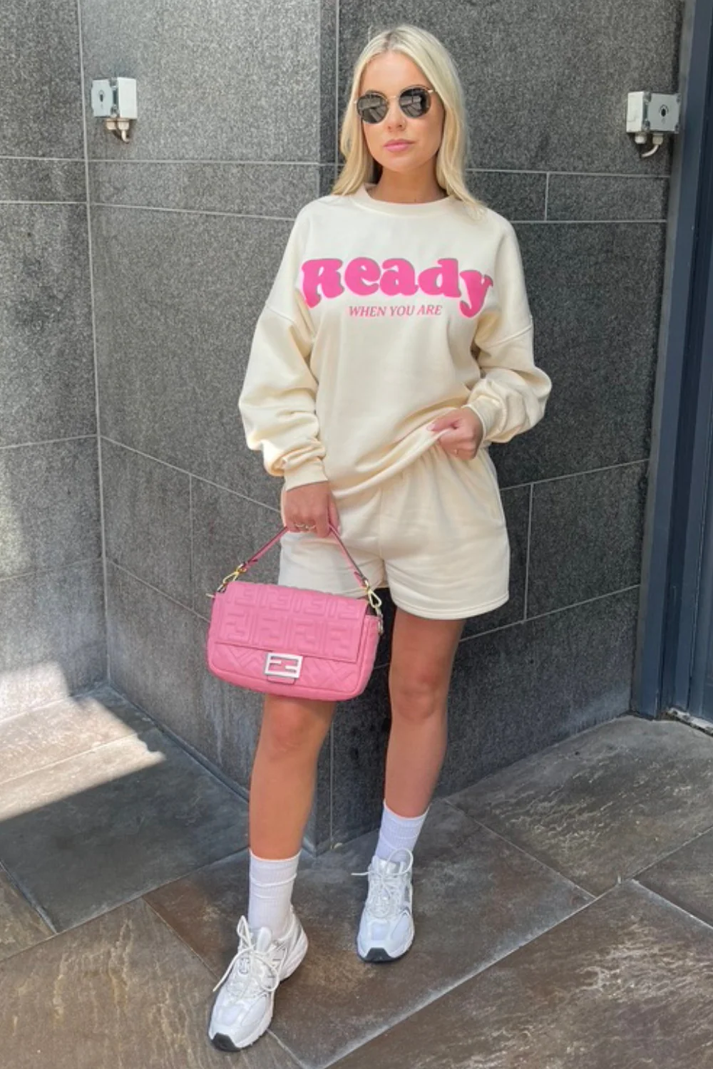 ready when you are pink & ecru sweater short loungewear set