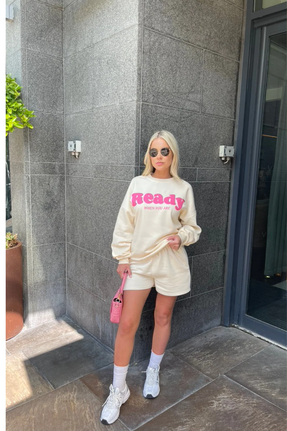 ready when you are pink & ecru sweater short loungewear set - Image 2