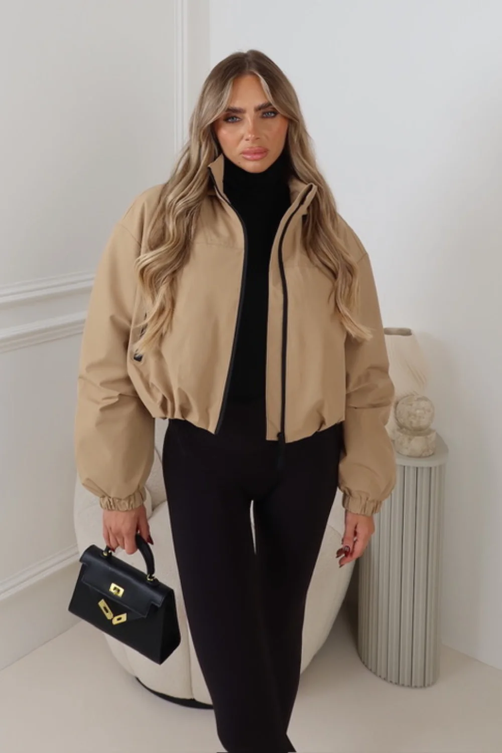 REMI CAMEL CROPPED HOODED DRAWSTRING JACKET