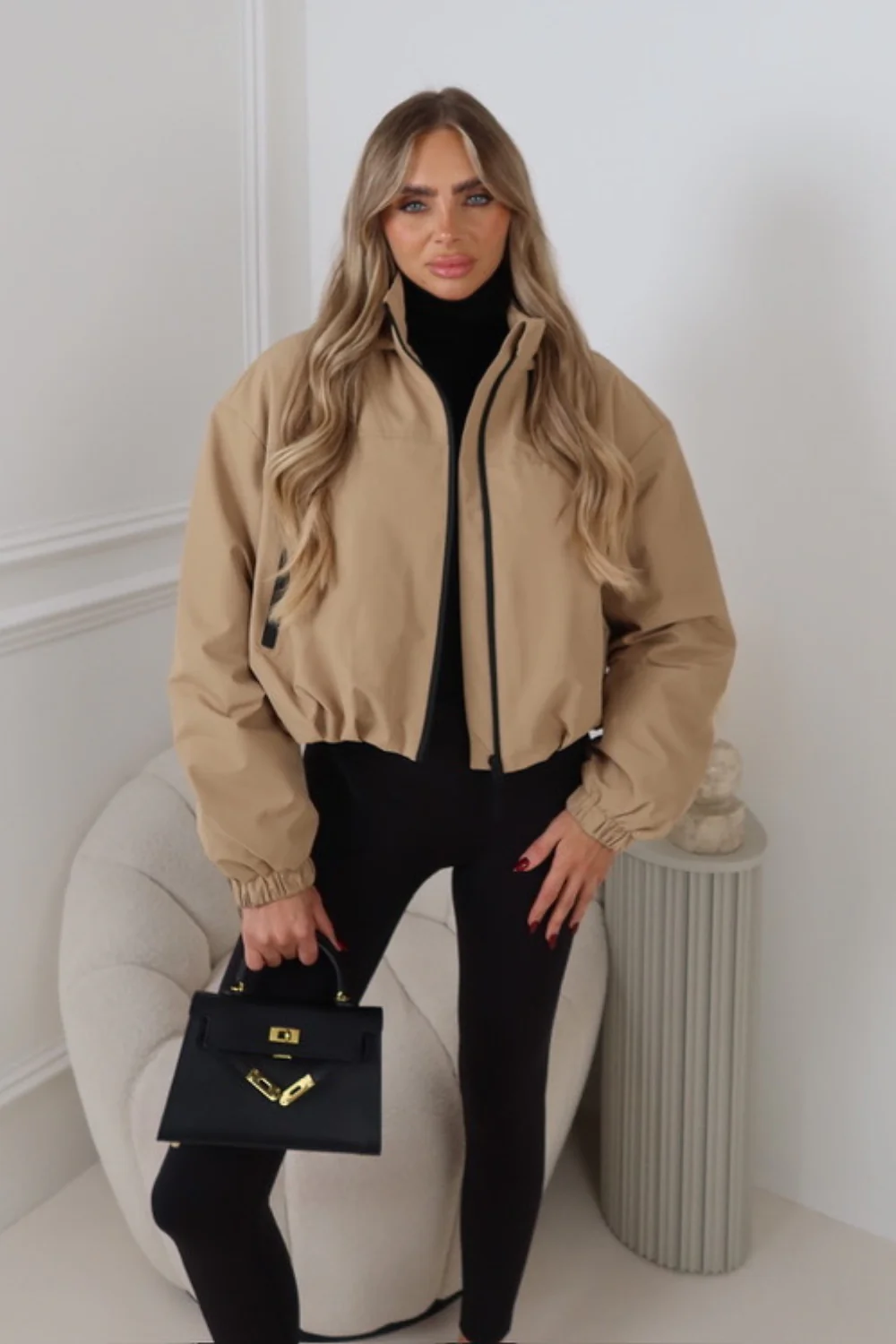 REMI CAMEL CROPPED HOODED DRAWSTRING JACKET - Image 2