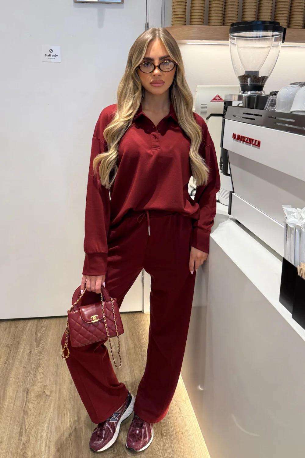 RENEE BURGUNDY POLO SHIRT LOUNGEWEAR CO ORD TWO PIECE SET