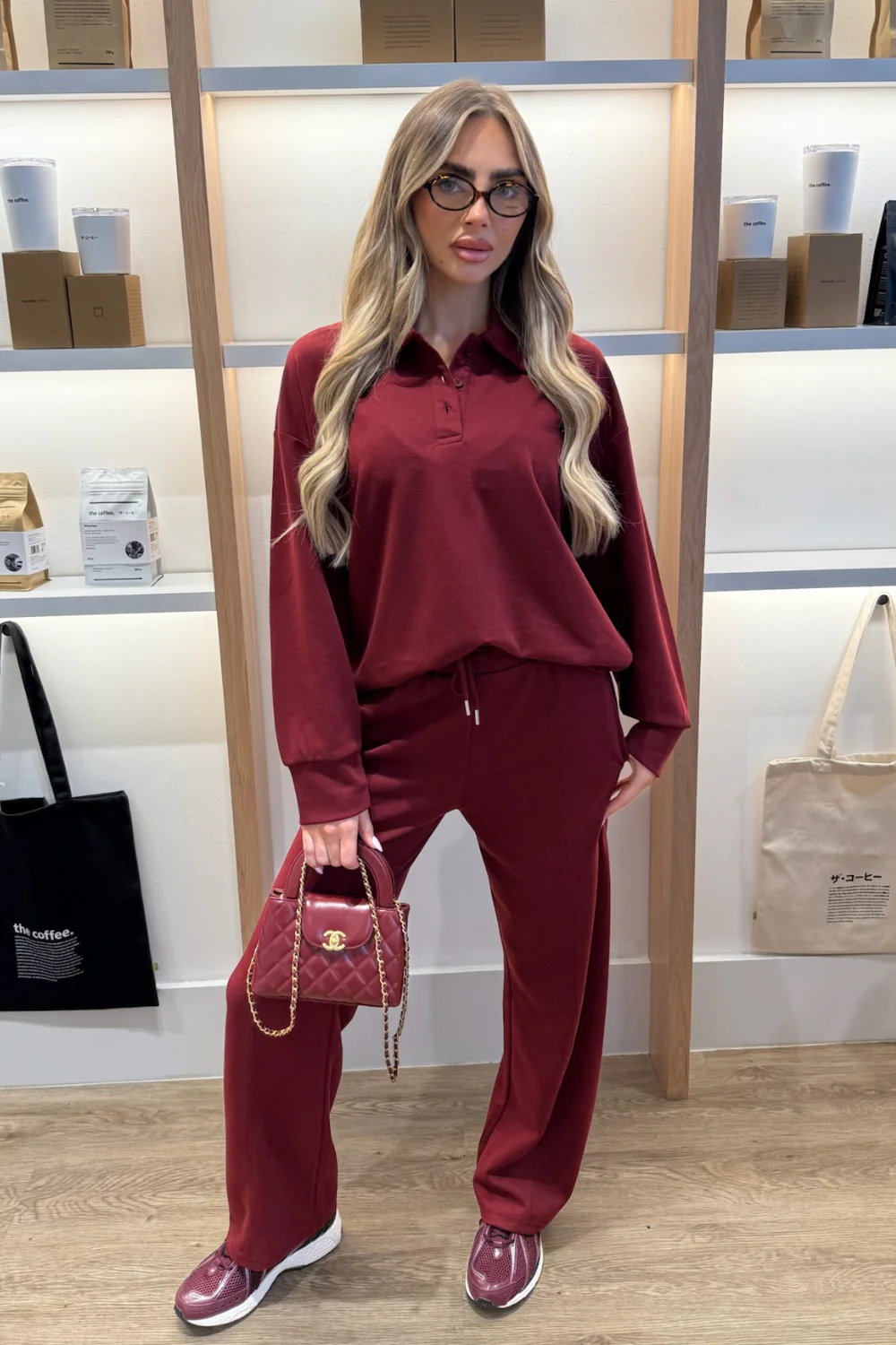 RENEE BURGUNDY POLO SHIRT LOUNGEWEAR CO ORD TWO PIECE SET - Image 2