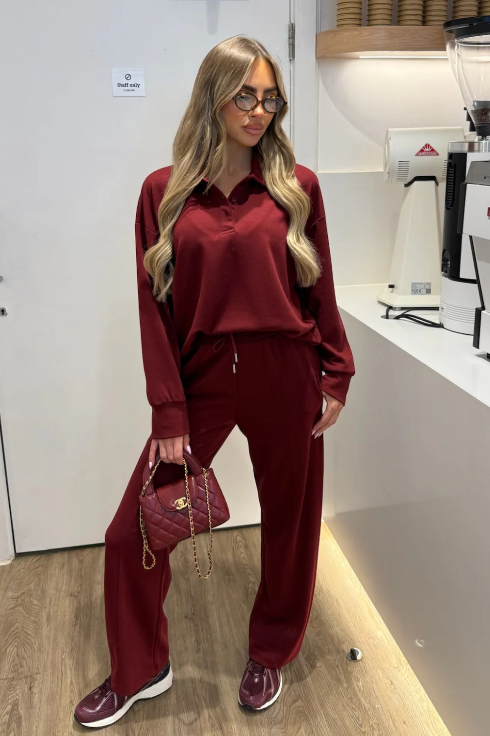 RENEE BURGUNDY POLO SHIRT LOUNGEWEAR CO ORD TWO PIECE SET - Image 3